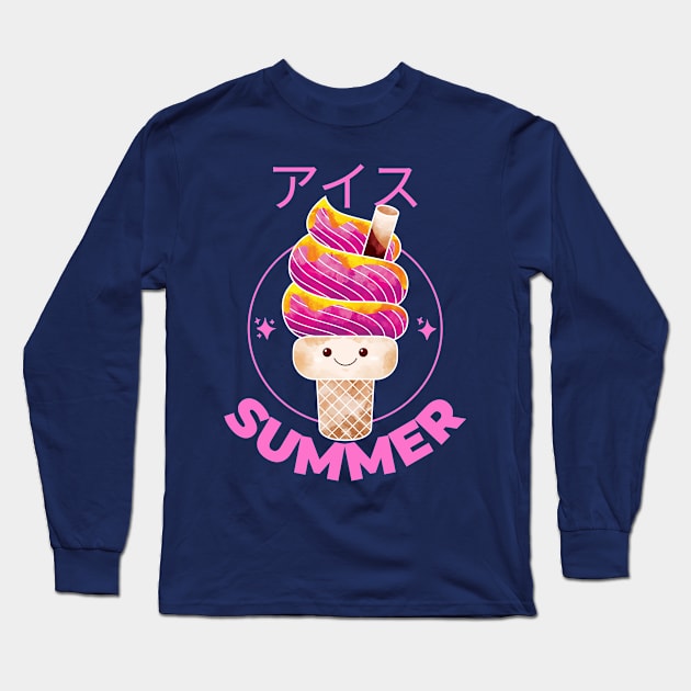 Japanese Kawaii Ice Cream Pink Summer Long Sleeve T-Shirt by InkyArt